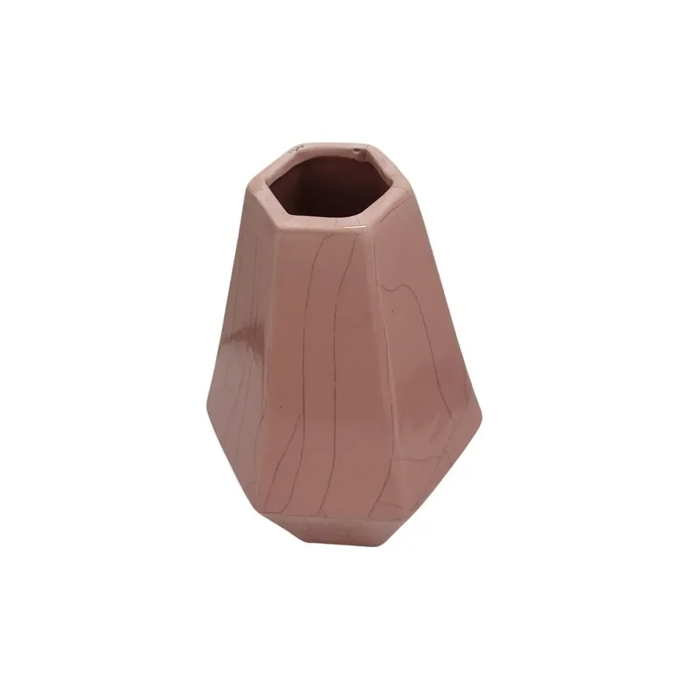 Vintage Crackle Pink Vase Hexagonal Gray Vein Porcelain Ceramic Tapered six Side - Picture 2 of 9